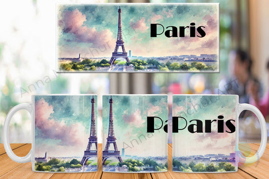 Tasse avec la tour Eiffel dans un style aquarelle — Paris | Design artistique par Anna Mamchur — 001PAA01M
