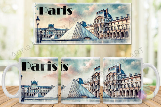 Tasse avec le Louvre dans un style aquarelle — Paris | Design artistique par Anna Mamchur — 002PAA01M