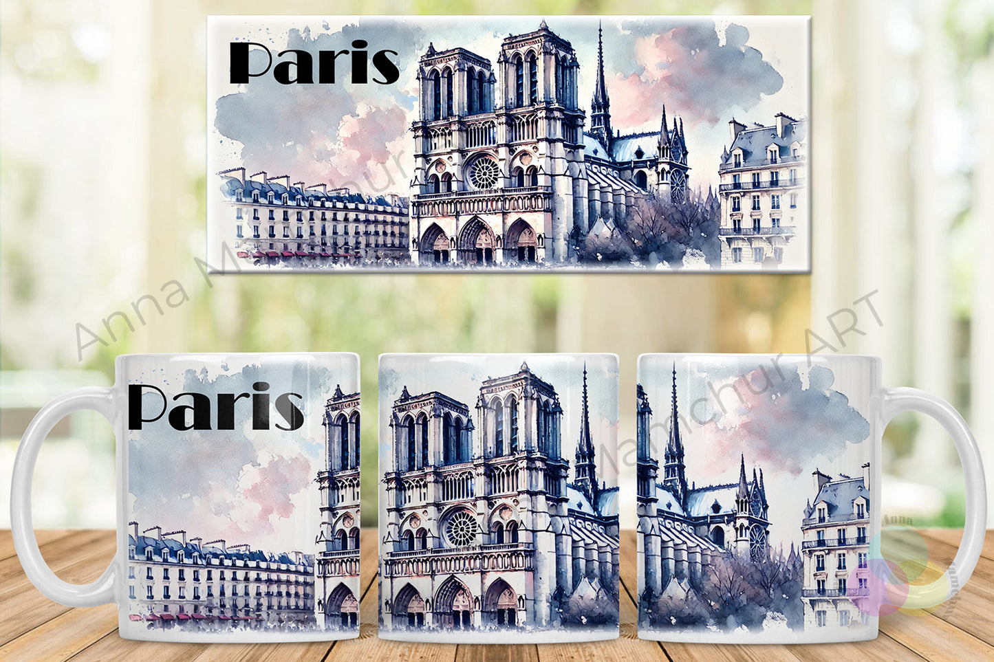Tasse avec Notre-Dame dans un style aquarelle — Paris | Design artistique par Anna Mamchur — 003PAA01M