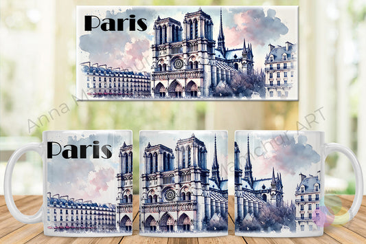 Tasse avec Notre-Dame dans un style aquarelle — Paris | Design artistique par Anna Mamchur — 003PAA01M
