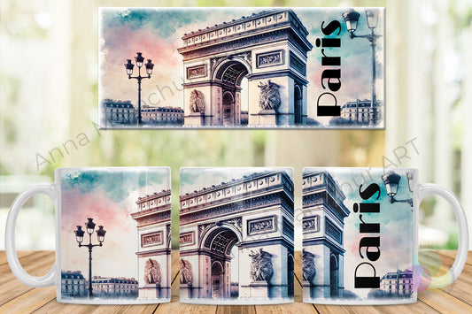 Tasse avec l’Arc de Triomphe en style aquarelle — Paris | Design artistique par Anna Mamchur — 004PAA01M