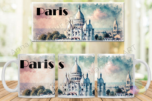 Tasse avec le Sacré-Cœur en style aquarelle — Paris | Design artistique par Anna Mamchur — 006PAA01M